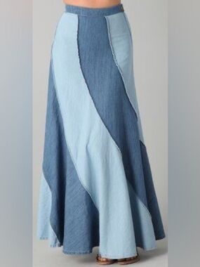 Free People Patchwork Two-Tone Denim Maxi Skirt - Light Blue & Medium Blue
